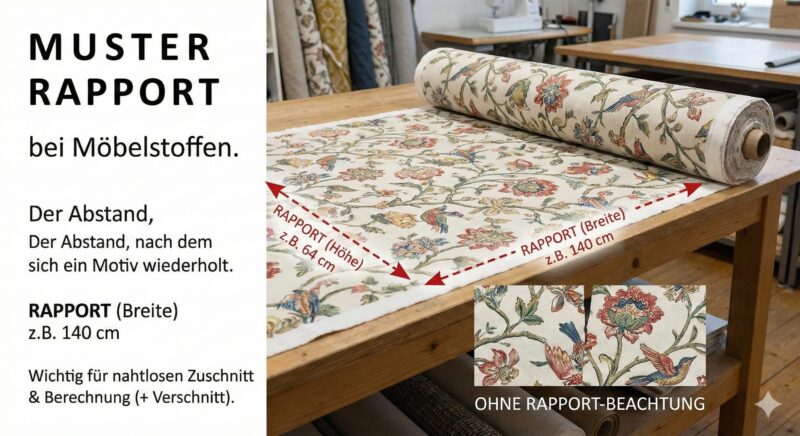 Infografik: Erklärung des Muster Rapports bei Möbelstoffen. Zeigt die Berechnung von Höhe und Breite des Motivs für den nahtlosen Zuschnitt und Verschnitt bei gemusterter Meterware.