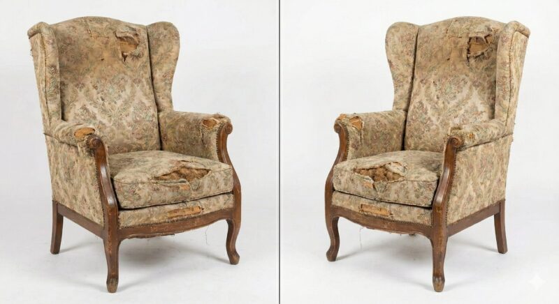 Zwei nebeneinanderstehende Ansichten eines antiken Ohrensessels mit extrem stark verschlissenem, beigefarbenem Blumenbrokat-Stoff. Große Risse auf Sitzfläche und Rückenlehne legen das Polstermaterial frei; das Holzgestell ist zerkratzt und abgenutzt.