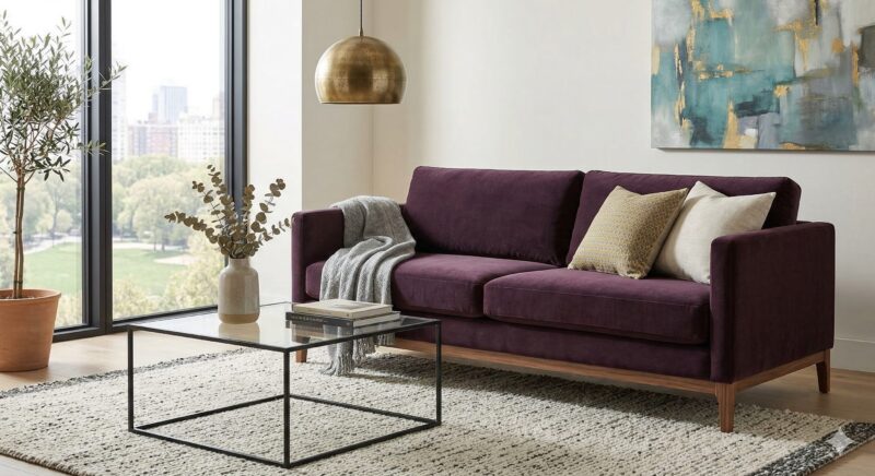 Robuster Möbelstoff in Aubergine mit feiner Webstruktur für Sessel und Sofas.